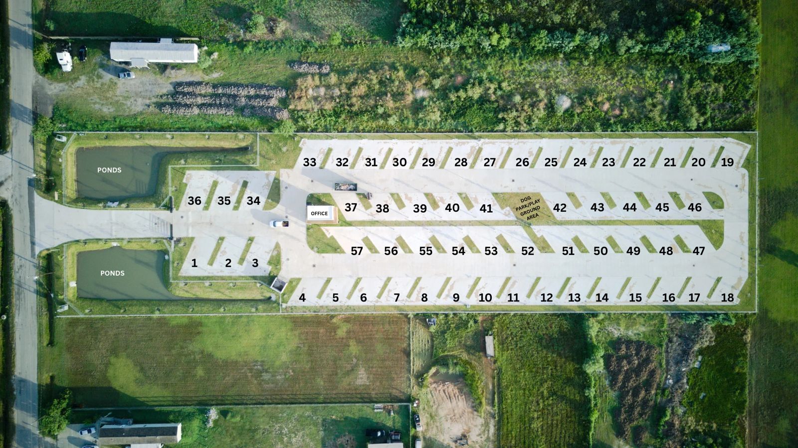 Aerial view of A1 San Leon RV Park showing all pads and ponds