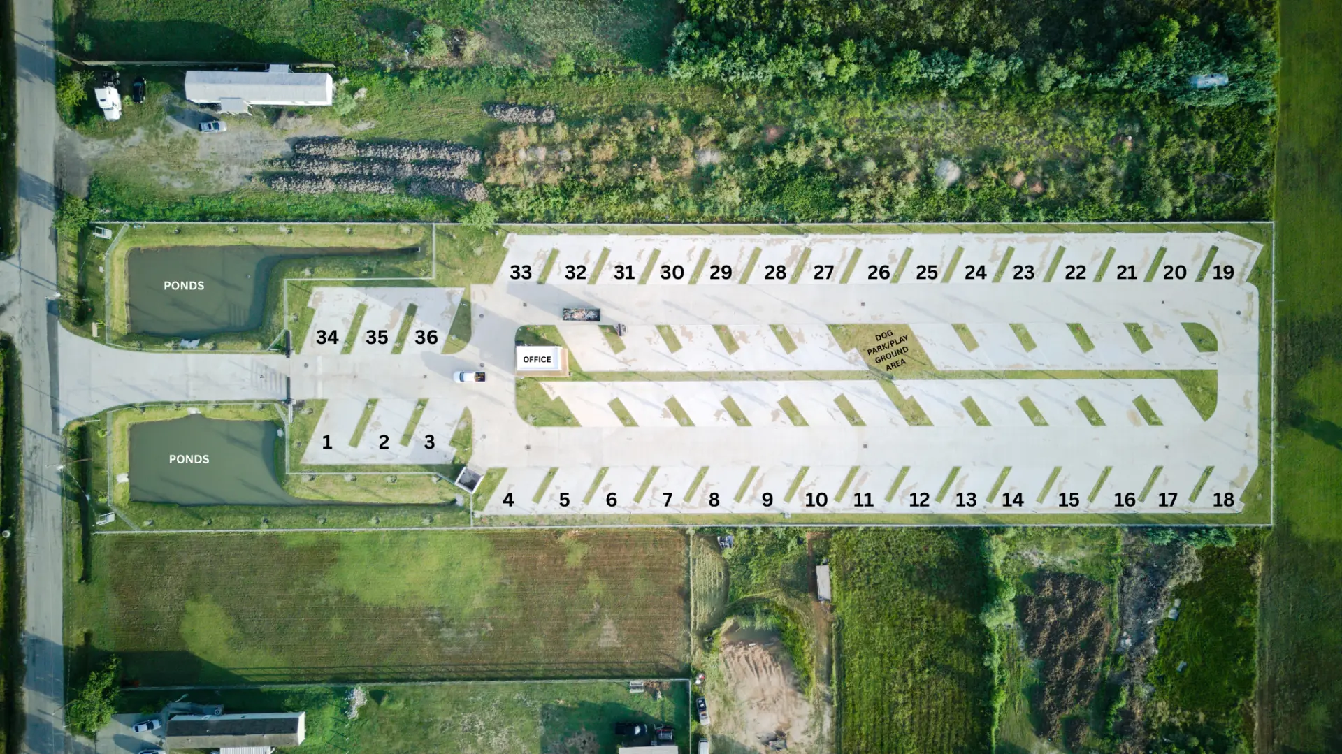 Aerial view of A1 San Leon RV Park showing all pads and ponds