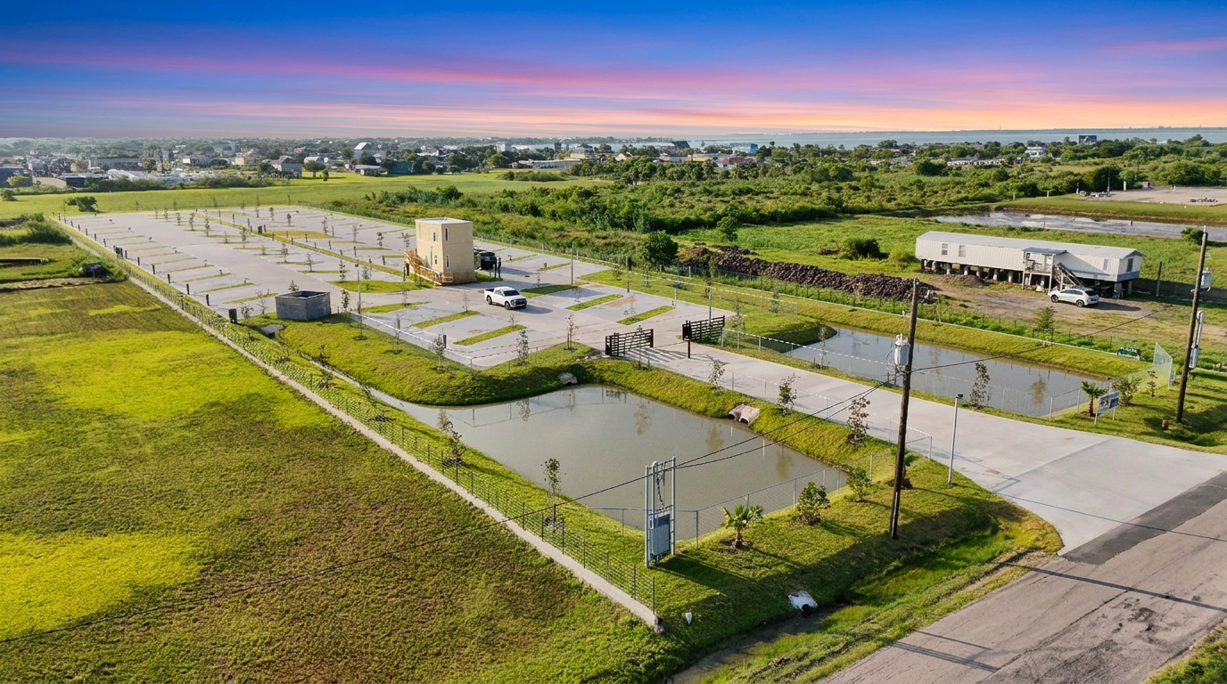 Aerial view of A1 San Leon RV Park beneath a colorful Gulf Coast sunset